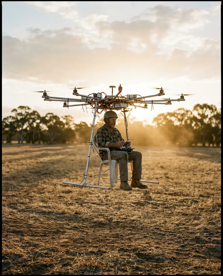 Temu's Personal Aircraft Drone: Can You Fly One in Australia? 3 Cheaply built DIY passenger drone frame with exposed wiring and mismatched hardware
