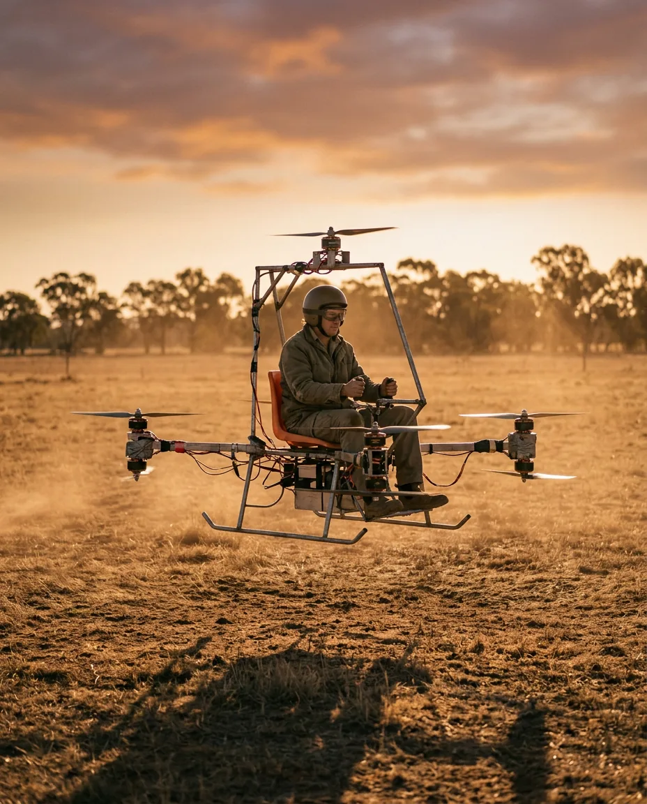 Temu's Personal Aircraft Drone: Can You Fly One in Australia? 5 Homemade single-seat drone with no safety redundancy hovering at dusk