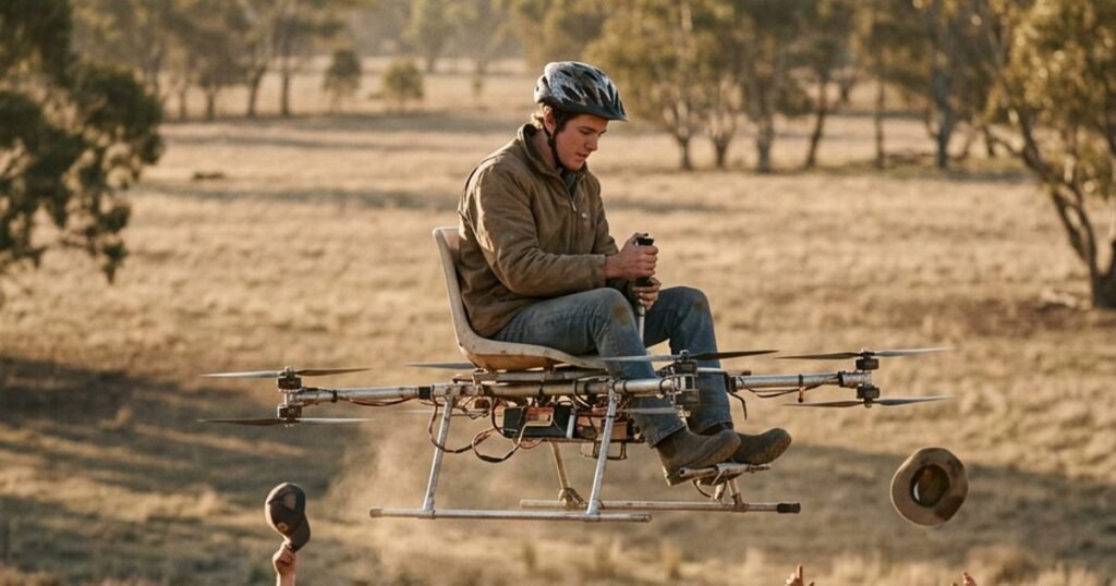 Aussie blokes flying a homemade Temu passenger drone over a paddock