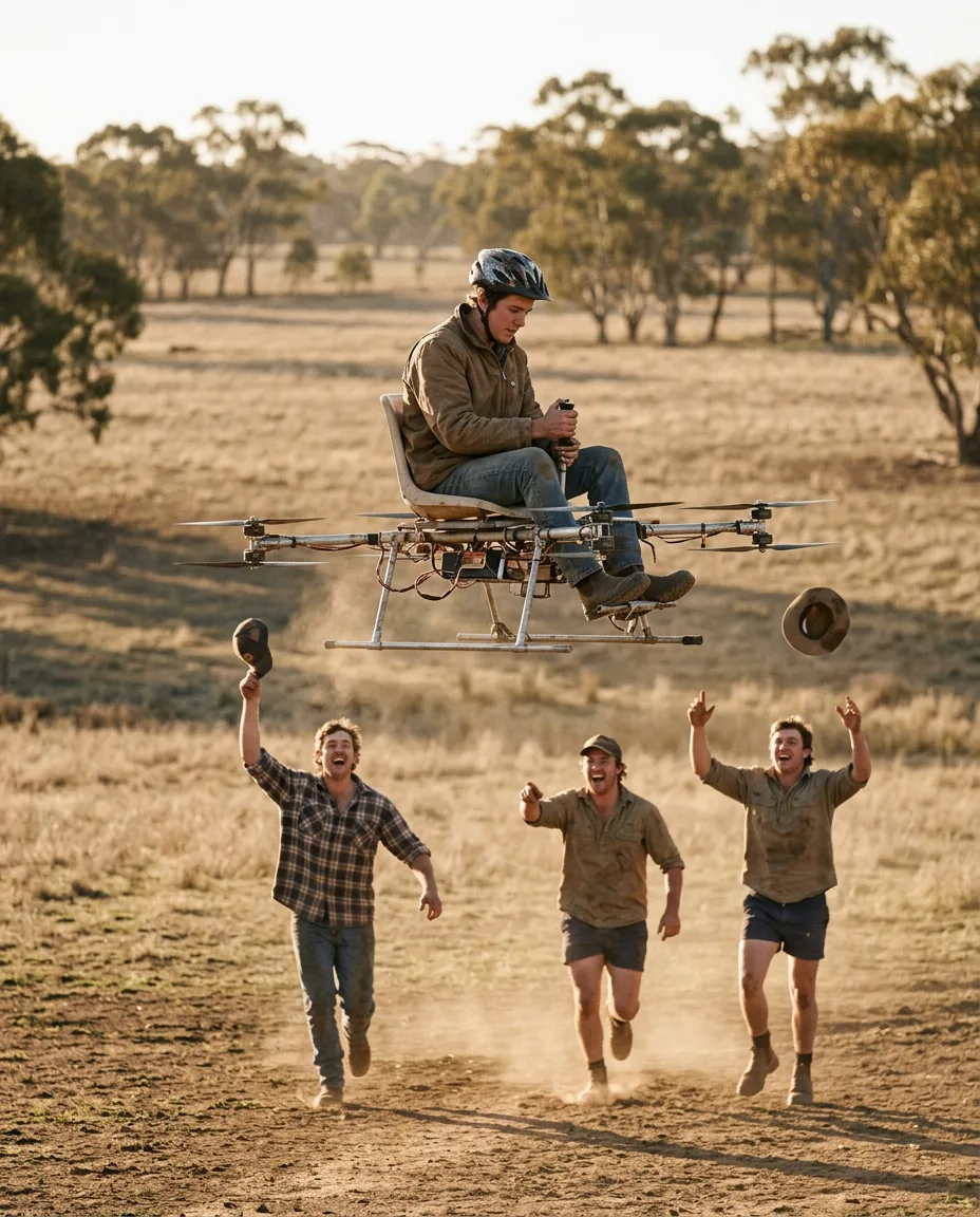 Temu's Personal Aircraft Drone: Can You Fly One in Australia? 1 Young bloke on an office chair strapped to a homemade multirotor as mates cheer below